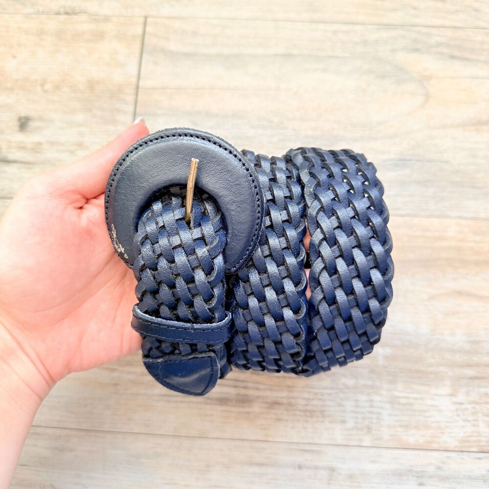 Vintage Capezio Navy Blue Braided Leather Belt Size 34 Woven Boho Round Buckle